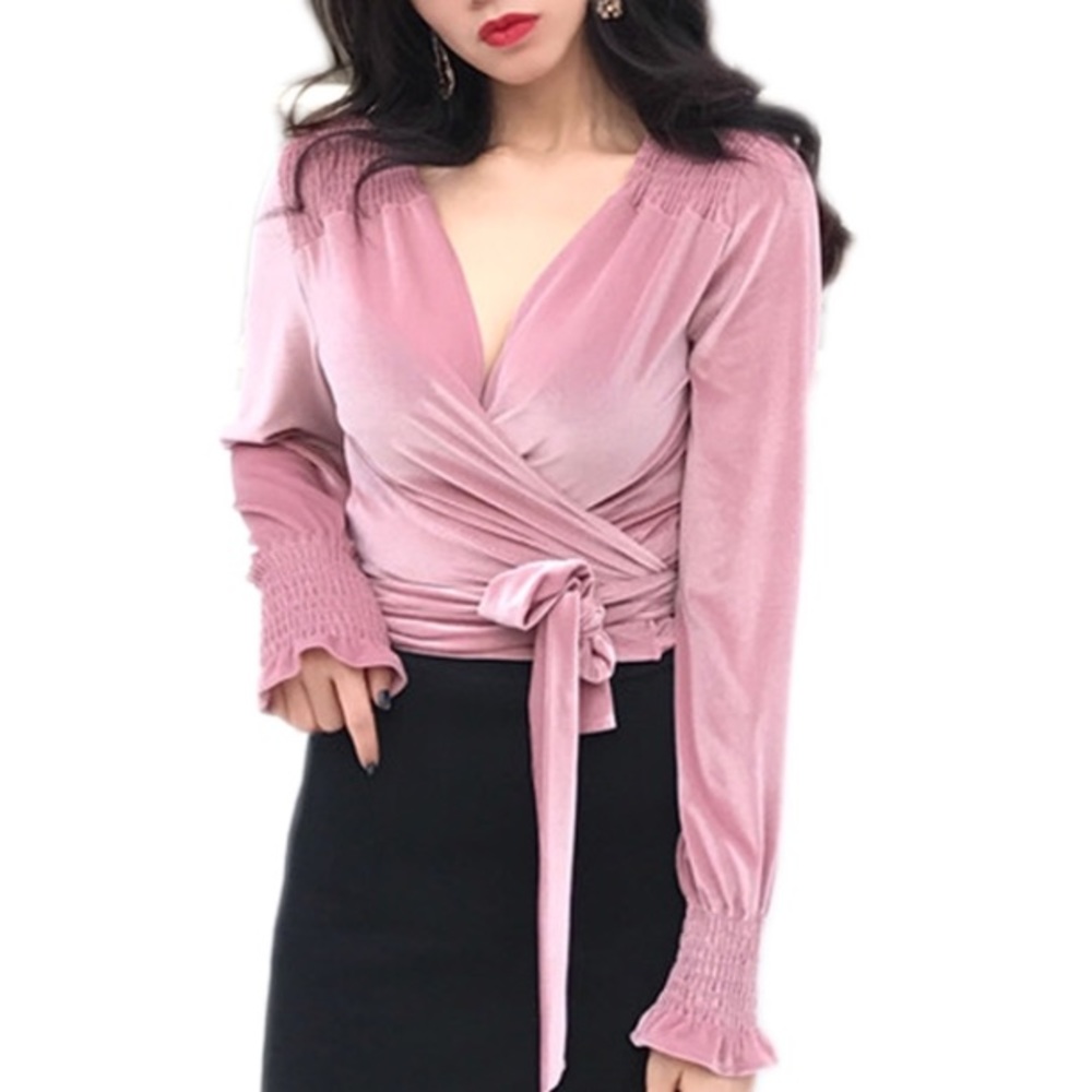 Velvet surplice reversible balloon sleeve top